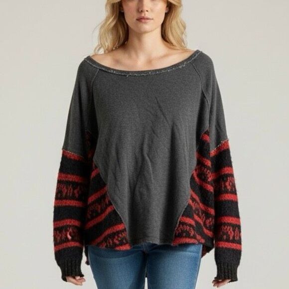 Free People Sweaters - Free People L Red Gray Boat Neck Sweater Alpaca Wool Cotton Boho Preppy Classy